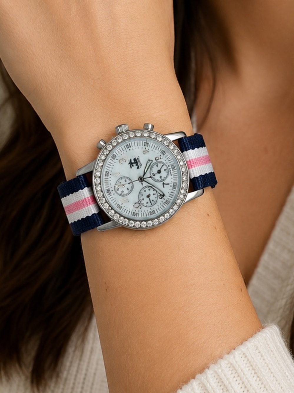 Molly B Silver Watch w/Crystal Bezel & Pink & Navy Band.
